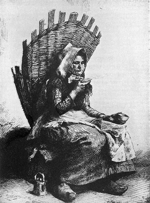 femme portant la hotte, assise et buvant du café