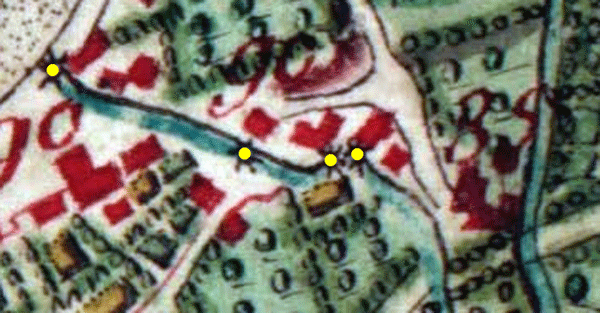 Carte de Ferraris où sont situées les 4 roues des moulins